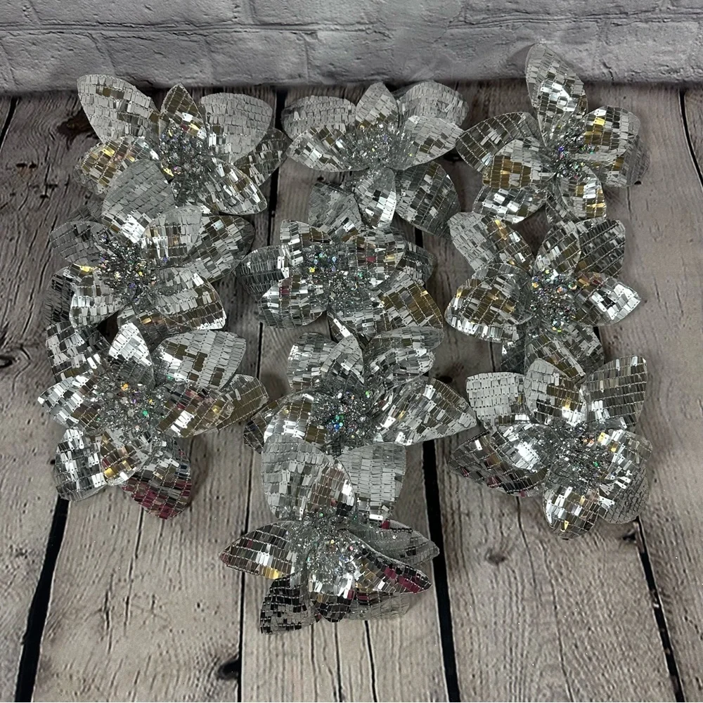 Holiday Lane Crystal Elegance Silver Sequin Flower Clip-On Ornaments Set of 9